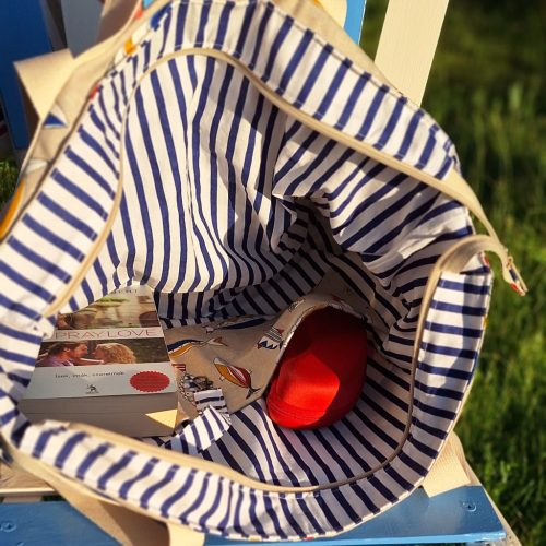 Strandtáska "Halacska"  (cipzáras, kék-fehér csíkos béléssel, zsebbel, dupla füllel)