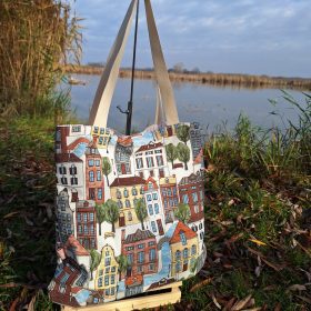   "Kisváros" mintás vászontáska béléssel (bézs-fehér csíkos béléssel, zsebbel)