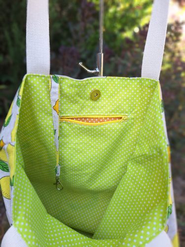 "Limonádé" mintás vászontáska béléssel (kivizöld-fehér pöttyös béléssel, zsebbel)