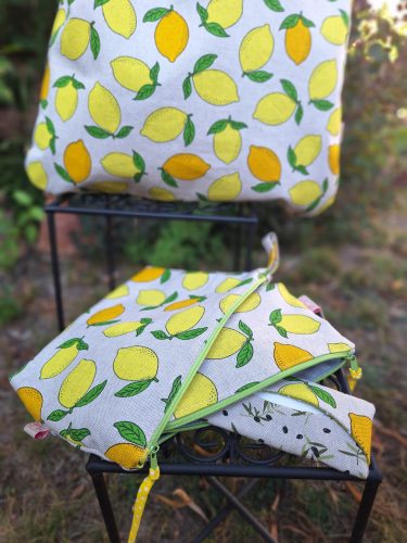 "Limonádé" mintás vászontáska béléssel (kivizöld-fehér pöttyös béléssel, zsebbel)