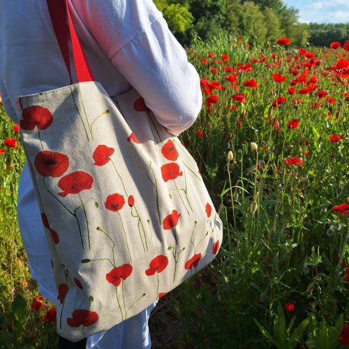 Pipacs mintás vászontáska béléssel (szürke-fehér pöttyös béléssel, zsebbel)