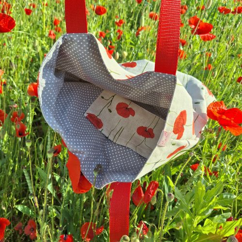 Pipacs mintás vászontáska béléssel (szürke-fehér pöttyös béléssel, zsebbel)