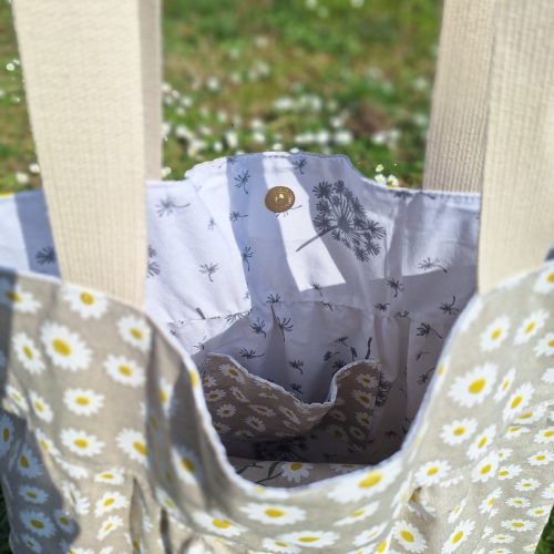 "Pipitér" mintás vászontáska béléssel (fehér alapon szürke pitypang mintás anyaggal, zsebbel)