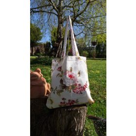   Rózsás vintage mintás vászontáska pöttyös béléssel (fehér alapon szürke pöttyös béléssel, kis zsebbel)