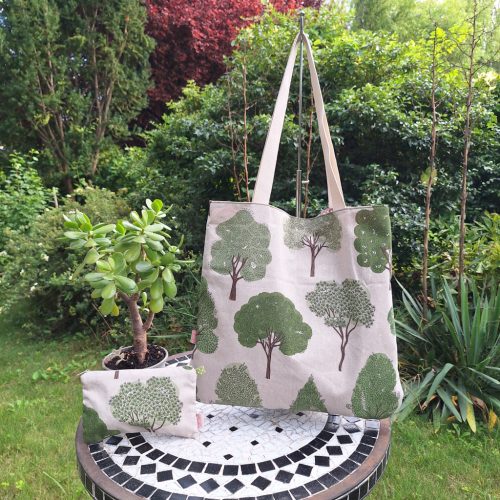 Vászontáska Zöld lomb (pöttyös béléssel, zsebbel)