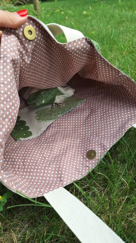 Vászontáska Zöld lomb (pöttyös béléssel, zsebbel)